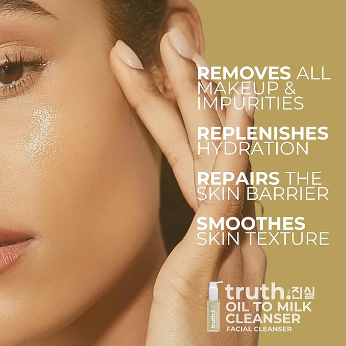 truth진실 Oil to Milk Cleanser 100ml Facial Cleanser GRAPESEED 30% + SUNFLOWER SEED 20% + ALMOND 10% + ARGAN 5% + SQUALANE 5% + CENTELLA ASIATICA 5% ADVANCED KOREAN CLEANSER