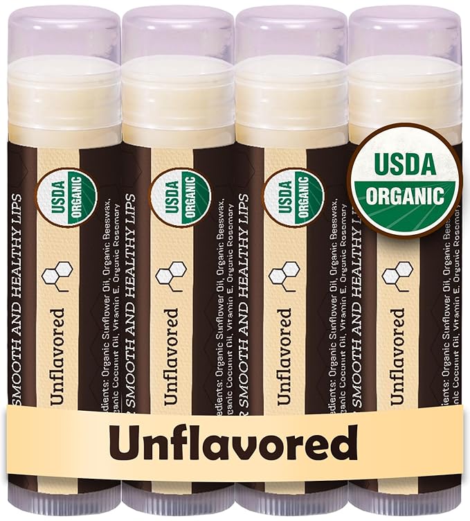 Earth's Daughter USDA Organic Lip Balm 4-Pack Unflavored - Beeswax, Coconut Oil, Vitamin E - Best Lip Repair Chapstick for Dry Cracked Lips.