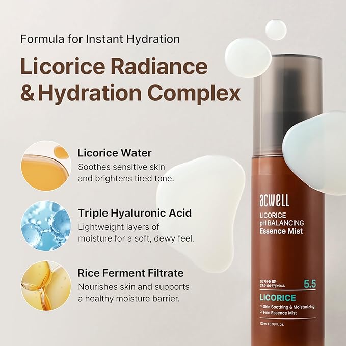 ACWELL Licorice pH Balancing Essence Hydrating Face Mist – Ultra-Fine, Triple Hyaluronic Acid & Panthenol, Soothing Hydration & Barrier Repair for Sensitive Skin, 3.38 fl oz