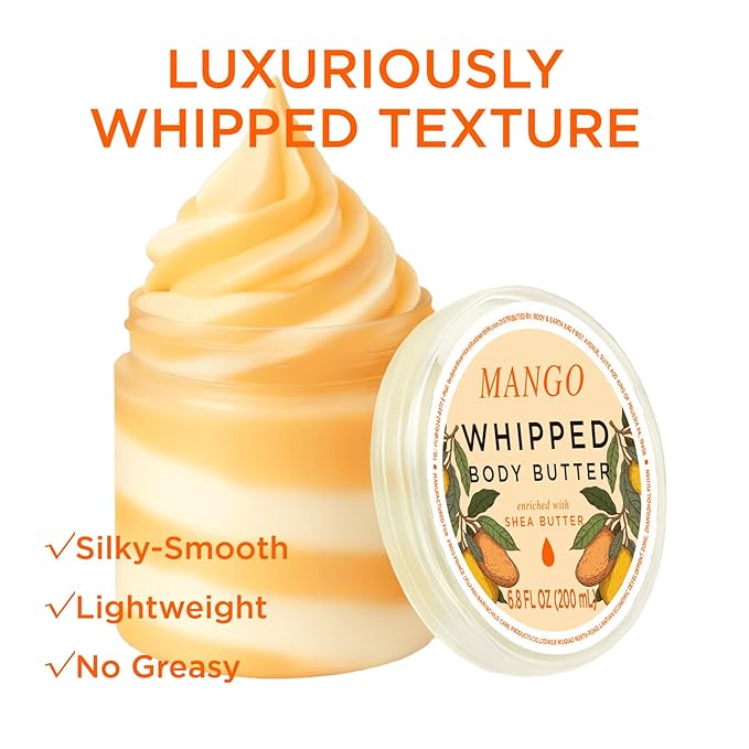Princess Belle Mango Whipped Shea Body Butter, Body Moisturizer for Dry Skin, Smell Goods for Women, Leaves Skin Feeling Moisturized and Soft-200ml(6.8 floz)
