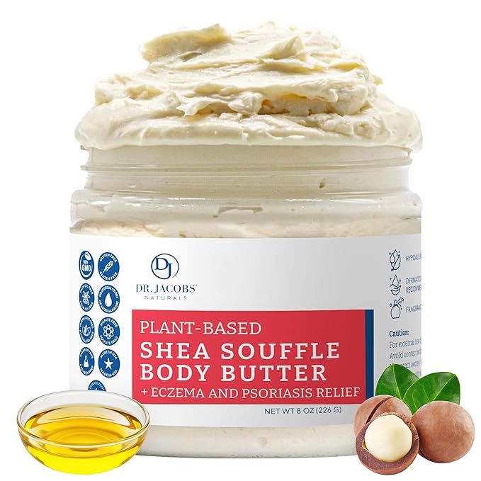 Dr. Jacobs Naturals Shea Soufflé Body Butter for Men and Women - Whipped Shea Butter for Skin Moisture and Softness Without Thick, Greasy Feel - Plant-Based Gentle Formula - Unscented