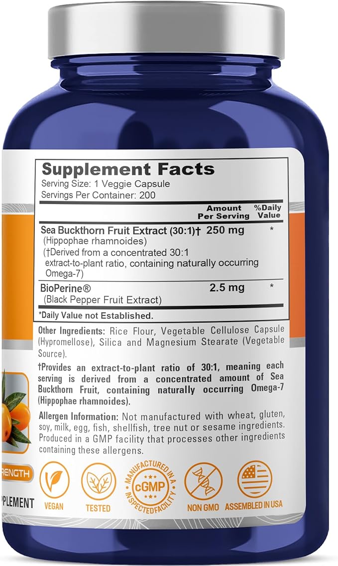NusaPure Sea Buckthorn Omega-7, 250 mg, 200 Veg Capsules (Non-GMO, Vegan)