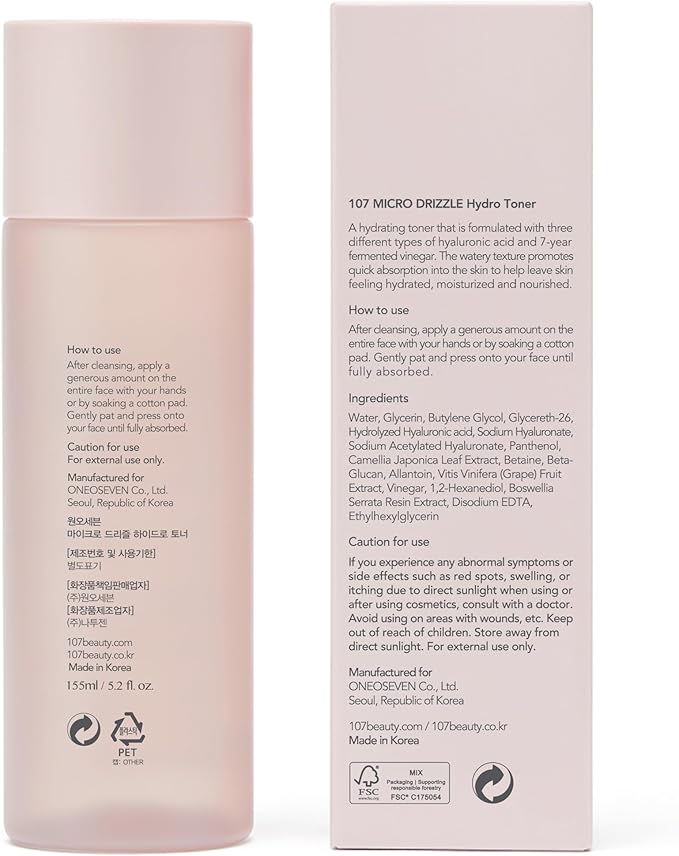107 Hyaluronic Acid Toner, Lightweight Face Moisturizer, Hydrates, Soothes, and Balances Skin, Refreshing Micro Toner for Dry Skin (5.2 fl oz)