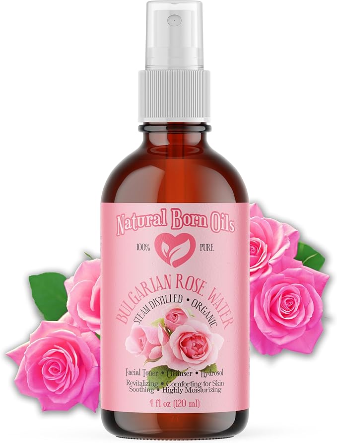 Natural Born Oils 4oz Rose Water Hydrosol, 100% Pure and Natural, Organic, Steam-distilled, Facial Toner Cleanser, with Sprayer