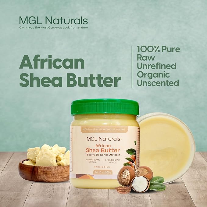 MGL Naturals Raw African Shea Butter Ivory 16oz, 100% Pure, and Unrefined. Nourish and moisturize hair and skin. Use alone or DIY recipes. From Ghana, West Africa. 16oz Jar