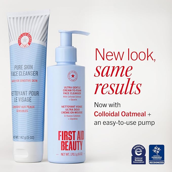 First Aid Beauty Ultra Gentle Cream-to-Foam Pure Facial Cleanser – Makeup Removing Face Cleanser - Face Wash with Colloidal Oatmeal & Glycerin, for Sensitive, Acne & Blemish-Prone Skin, 10 oz