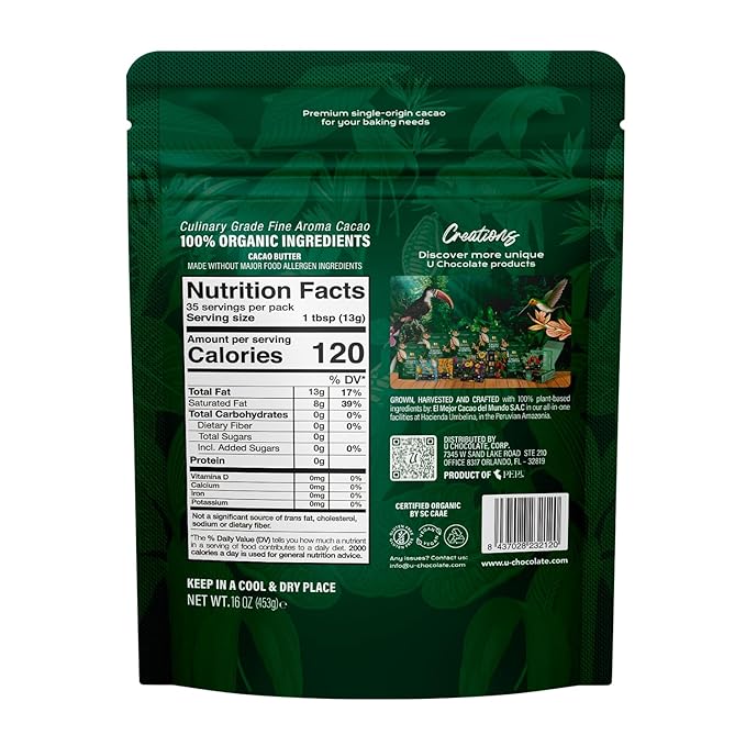 U Chocolate Organic Cacao Butter 16 oz, Fresh From Our Farm, Raw Food Grade Cocoa Butter, For Vegan Baking, Chocolate Making and more