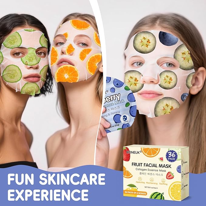 KONEUK 36 Pack Colorful Fruit Face Mask Set, Hydrating & Moisturizing, Bulk Sheet Facial Mask for All Skin Types, Collagen Face Masks Skincare for Women, Mothers Day Gifts and Spa Party Gifts