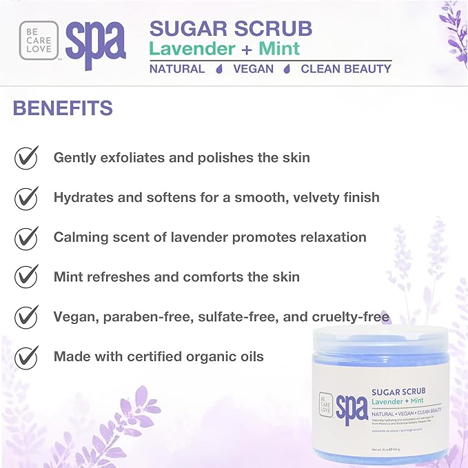 BCL Spa Calming Lavender Mint Sugar Scrub - Professional Soothing Body Scrub for Relaxation, Calming, Self Care Aromatherapy, Hydrating Exfoliator, Made in USA, 16 oz