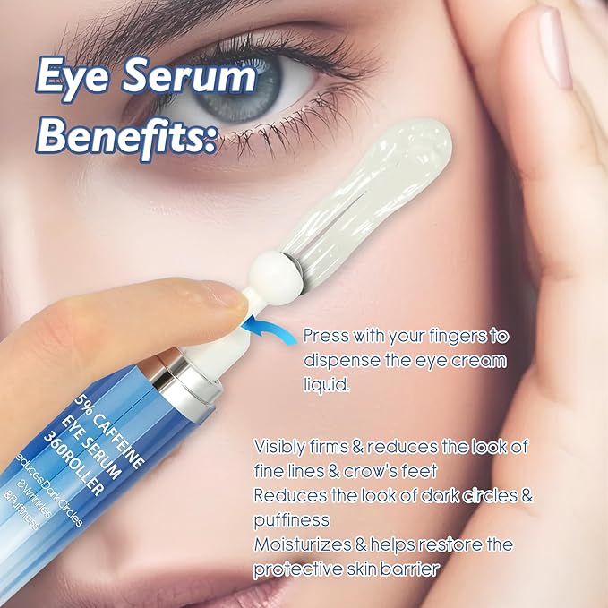 5% Caffeine & Retinol Eye Cream with 360° Roller – Hydrating & Anti-Aging Formula for Fine Lines, Puffiness, Dark Circles & Bags – Moisturizing Treatment Serum for Women & Men