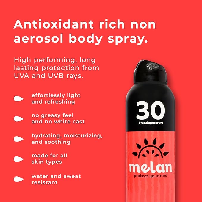 Melan SPF 30 Antioxidant Sunscreen Body Mist, 6 oz - Lightweight, Water & Sweat Resistant, Vitamin C, Green Tea, Broad Spectrum, Vegan, Clean Ingredients, Dermatologist Tested, Non-Greasy, Made in USA