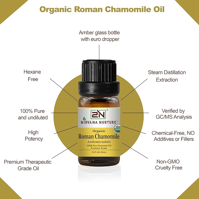 Roman Chamomile Essential Oil, USDA Certified Organic, 100% Pure Undiluted, Aromatherapy Oil for Diffuser, Hair & Skin Care