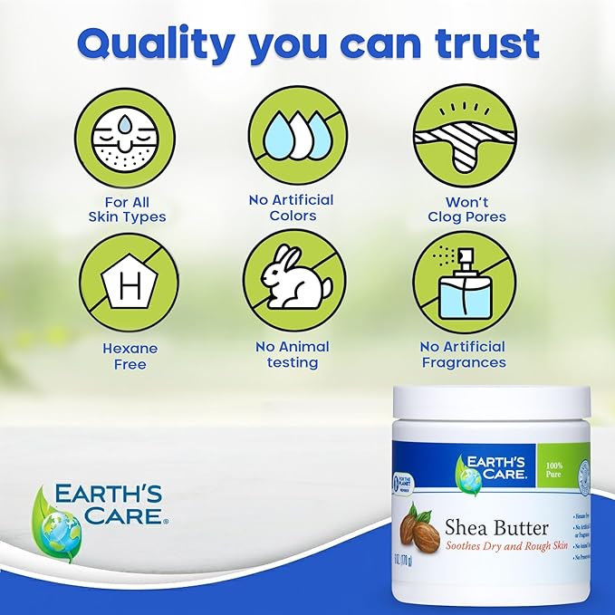 Earth's Care Shea Butter - 100% Pure Natural African Shea Butter for Body, Hair and DIY Projects 6 OZ
