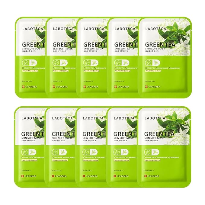 LABOTICA Green Tea Skin Soft Mask - Natural Fermented Facial Sheet for Acne Control, Sebum Regulation, and Redness Relief - Harmonizing Skincare for Oil/Moisture Balance (10 Sheets)