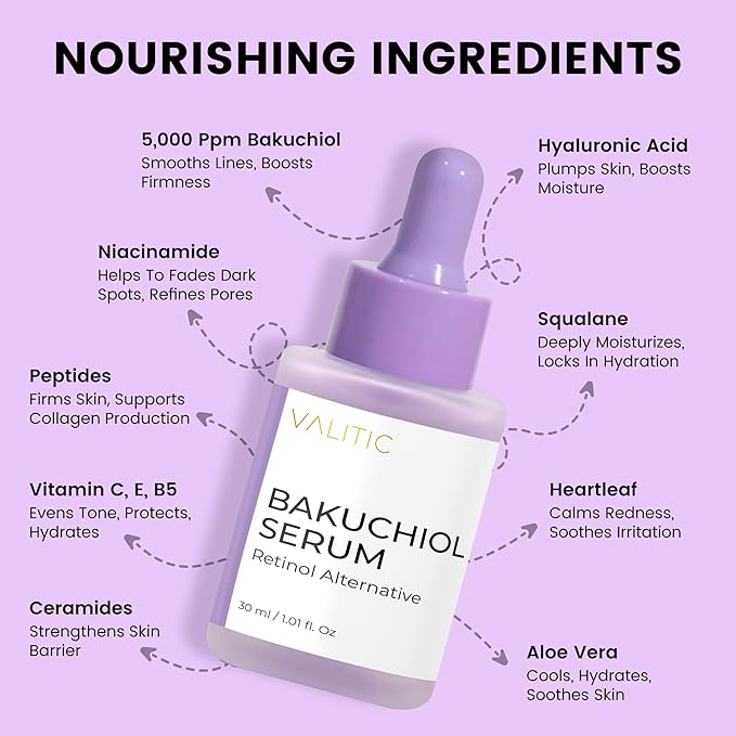 VALITIC Bakuchiol Serum - Retinol Alternative Face Serum - Facial Anti Aging Treatment, Hydrating and Evening Skin Tone - Niacinamide, Hyaluronic Acid, Peptides, Vitamin C, Squalane, 30ml 1.01 fl oz