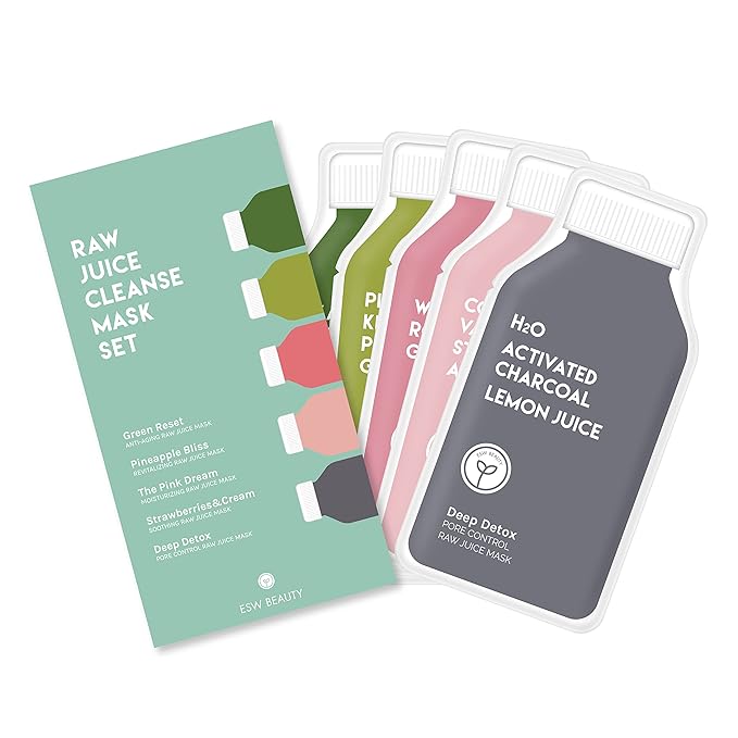 ESW Beauty Raw Juice Face Masks - 10-Pack Skincare Set - Hydrating, Anti-Aging, Moisture Repair, Pore Control, Soothing & Revitalizing with Watermelon, Kale & Charcoal