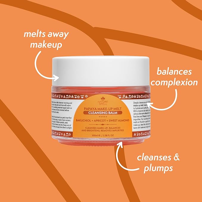 Nature Spell Papaya Cleansing Balm, Gently Removes Makeup & Hydrates Skin, Infused with Bakuchiol & Apricot, Vegan, For All Skin Types, 3.38 Fl Oz