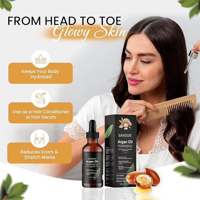 SANOOR Moroccan Argan Oil 60ml – 100% Pure & Natural, Cold-Pressed Oil for Hair Growth, Frizz Control, Skin Moisturizer, Face Glow, Beard & Nail Care – Vegan Beauty Oil for Men & Women