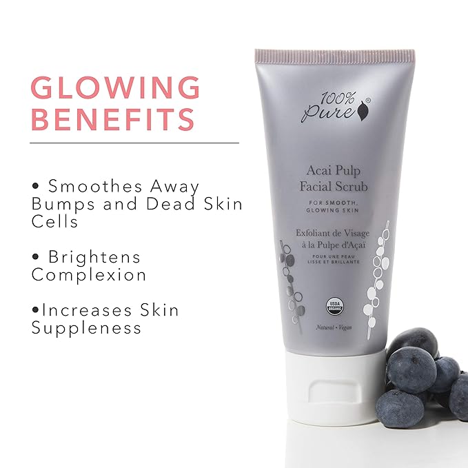 100% PURE Acai Pulp Facial Scrub, Exfoliating, Organic Face Wash (2 Fl Oz)