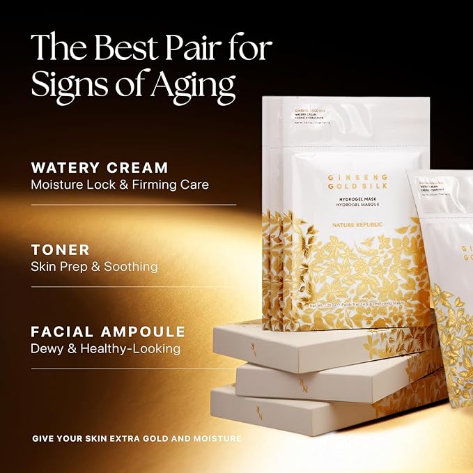 Nature Republic 2-Step Ginseng Gold Silk Hydrogel face Mask, Hydrating Overnight gold mask, Ginseng Niacinamide & Silk Amino Acid,Royal Jelly Extract, Korean Skin Care 34.5g x4ea