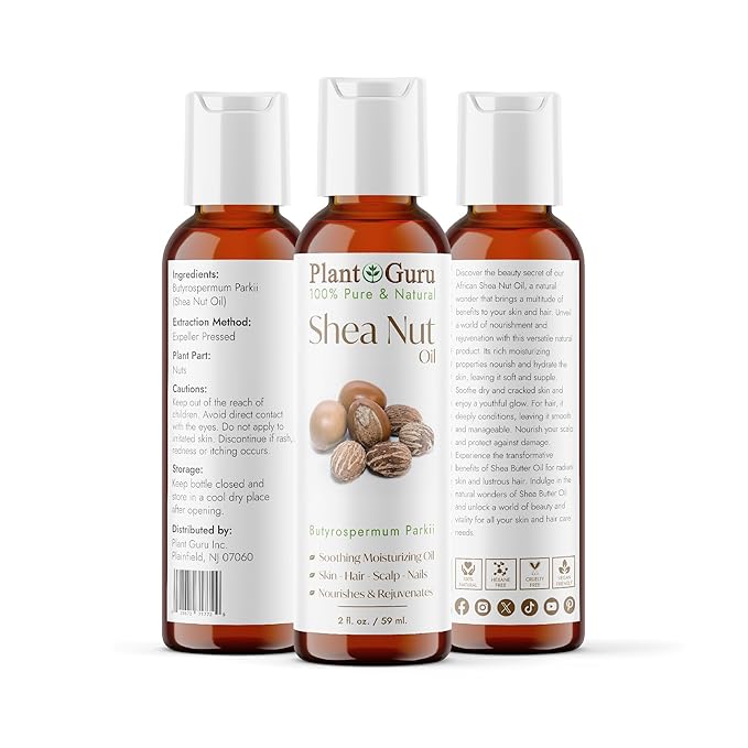 Plant Guru African Shea Nut Butter Oil 2 fl. oz. 100% Pure Natural Skin, Face, Hair Growth And Moisturizer. DIY Body Butters, Lotions, Creams, Lip Balm And Soap Making.