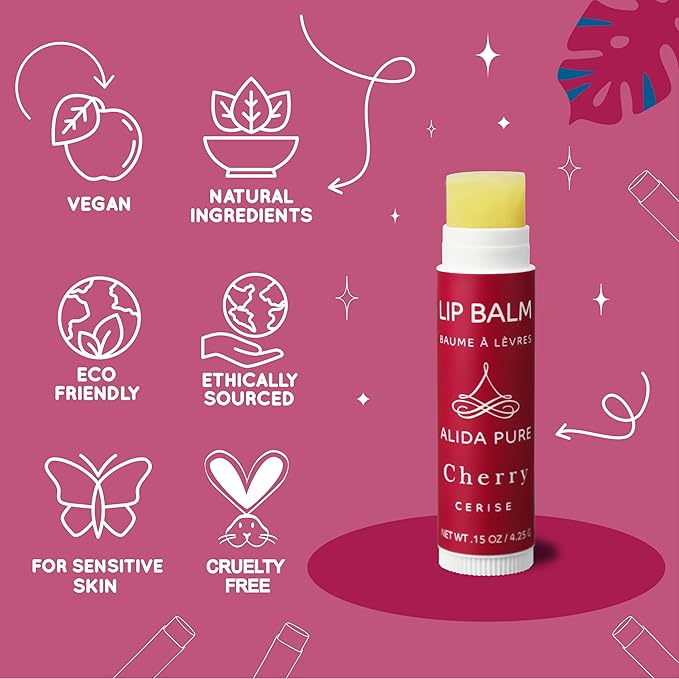 Cherry Lip Balm Collection, Vegan Set, Beeswax Free, with Organic Jojoba and Avocado Oil, Vitamin E, Natural Moisturizer for Dry, Chapped Lips, 3 Tube Set