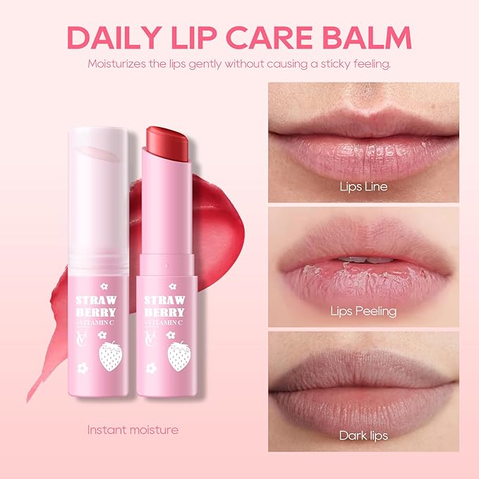KYDA 3 Pcs Strawberry Lip Balm, Deep Hydrating Tinted Lip Balm, Reduce Fine Lines, Daily Lip Moisturizer for Dry Cracked Lips, with Real Strawberry Extract