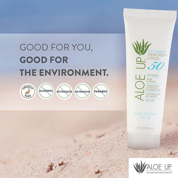 Aloe Up White Collection SPF 50 | Sunscreen Lotion for Face & Body with Aloe Vera Gel | Water Resistant up to 80 Minutes | Reef Friendly, Non Greasy, Fast Absorbing | Coco Mango Fragrance 4 Oz