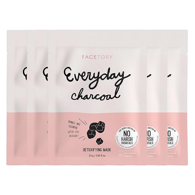FACETORY K Beauty Face Mask Skin Care - Everyday CHARCOAL Detoxifying Sheet Mask | Plant-Based Charcoal Face Mask (5 Pack)
