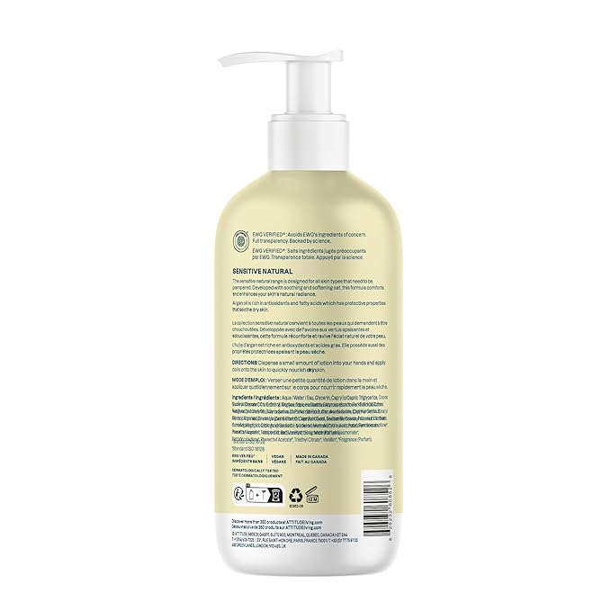 ATTITUDE Body Lotion for Sensitive Skin with Oat, EWG Verified, Dermatologically Tested, Vegan, Argan Oil, 16 Fl Oz