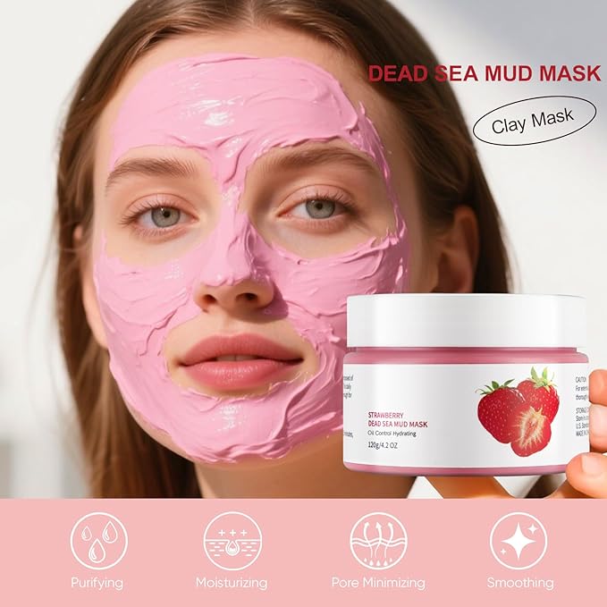 Clay Mud Face Mask for Women,Strawberry Dead Sea Mud Facial Mask Skincare,Deeping Cleansing,Oil Control,Hydrating Face Cleaning Clay Masks for All Skin Types (4.2OZ)