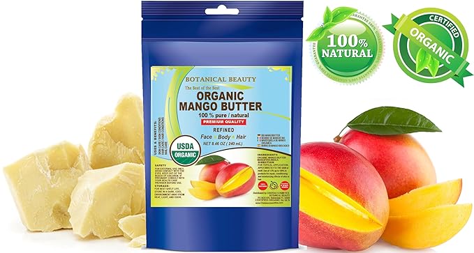 Botanical Beauty Organic MANGO BUTTER RAW 100% Pure Natural VIRGIN REFINED 8.46 oz - 240 gram for Face, Skin, Hair, Body, Nails. Skin Moisturizer. for Lotions, Cream. Rich in Vitamin E