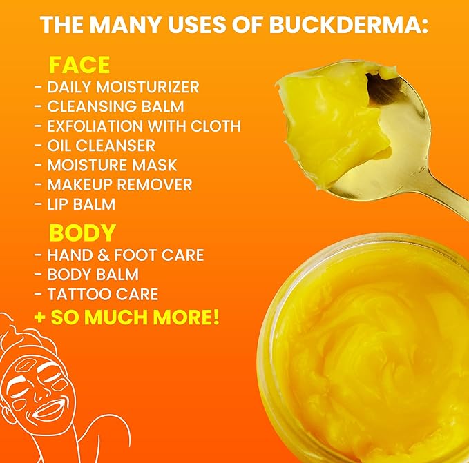 Beesaluxe Buckderma Natural All-In-One Seabuckthorn Balm - Essential Oil Facial Moisturizer, Oil Cleanser, Overnight Mask, Makeup Remover, Lip Balm, Hand Cream, Beeswax Foot Butter and More