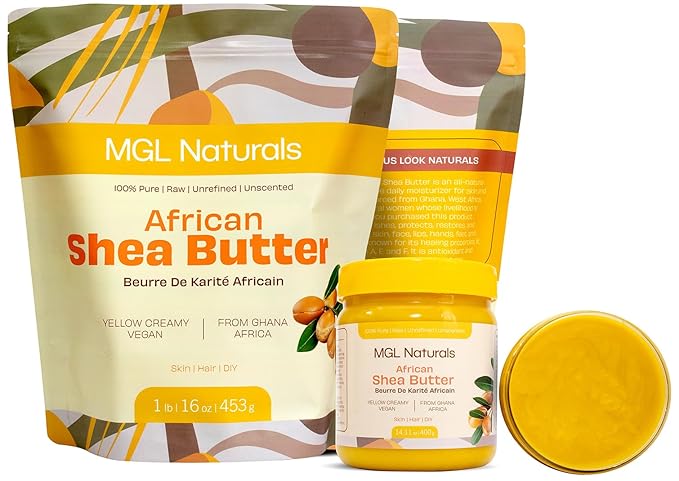 MGL Naturals Shea Butter Yellow Creamy 1 lb, African, Unrefined, and Raw. Nourish and moisturize skin and hair. Use alone or DIY recipes. From Ghana, West Africa. 16 oz pouch