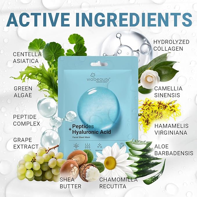 VIABEAUTY 24 Pack of Hyaluronic Acid Face Mask with Peptides Complex - Deep Hydrating & Brightening Facial Sheet Mask - Moisturizing Face Masks Skincare Facial Sheets for All Skin Types