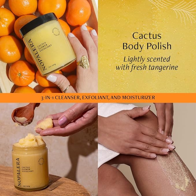 Nopalera Mandarina Cactus Flower Exfoliant - Face & Body Scrub, 3-in-1 Cleanser, & Moisturizer, Vegan, Cruelty-Free, Natural Citrus Scent, Dye Free, 6 oz.