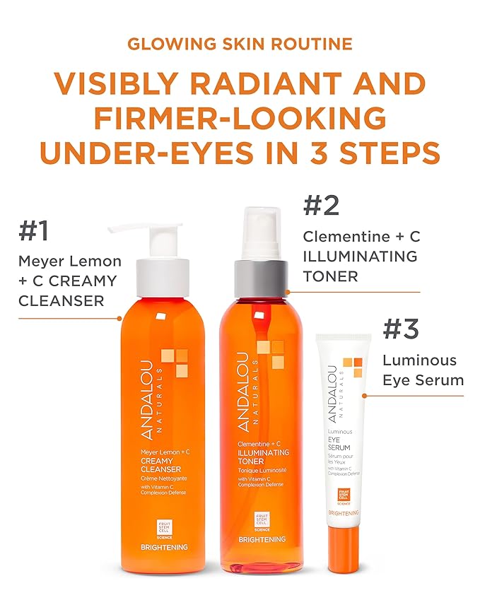 Andalou Naturals Luminous Eye Serum - Illuminating Under Eye Moisturizer for Dark Circles and Puffiness - With Vitamin C & Caffeine for a Rejuvenated, Youthful Appearance - 0.6 Oz