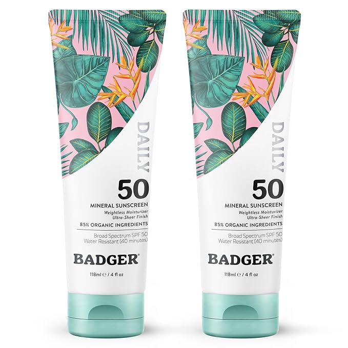 Badger SPF 50 Daily Mineral Sunscreen with Zinc Oxide, 85% Organic, Lightweight & Easy to Apply, No White Cast, Moisturizing, Reef Safe, Vegan, Unscented, 4 fl oz, 2 Pack