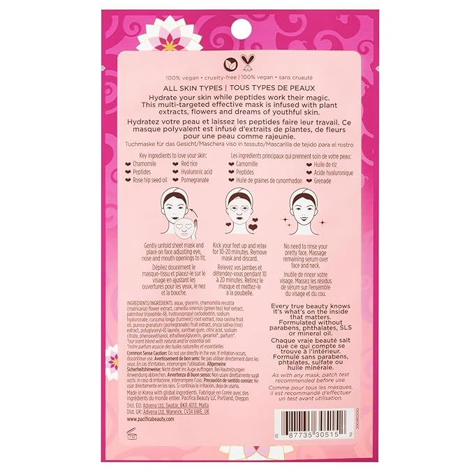 Pacifica Disobey Time Rose & Peptide Facial Sheet Mask 6-PACK Hydrating Anti-Aging Mask for Fine Lines & Dry Skin Infused w/Hyaluronic Acid & Chamomile Clean Vegan & Cruelty-Free Dermatologist Tested