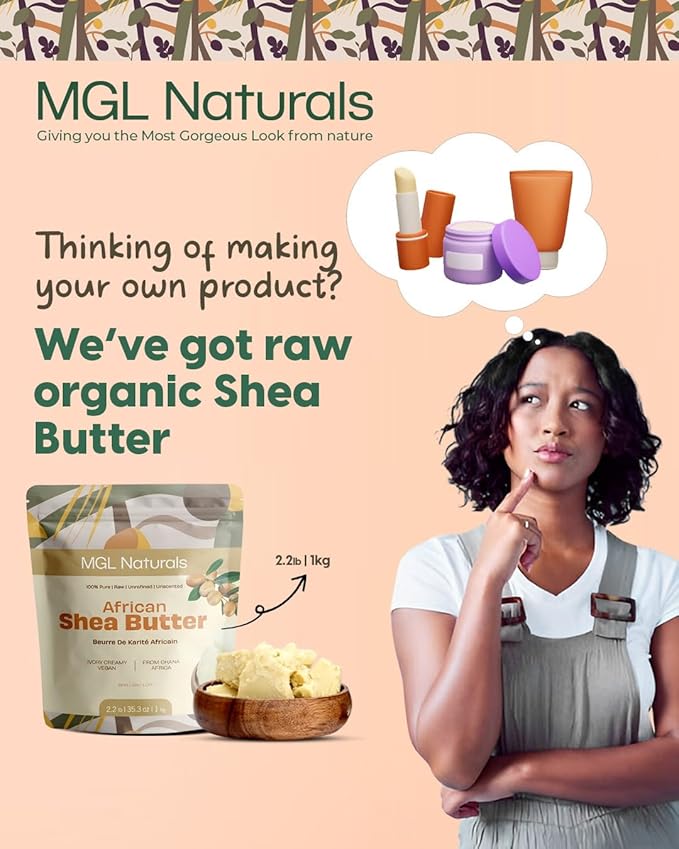 MGL Naturals Raw African Shea Butter Ivory 2.2 lb, 100% Pure, and Unrefined. Nourish and moisturize hair and skin. Use alone or DIY recipes. From Ghana, West Africa. (2.2 lb | 36 oz | 1 kg)