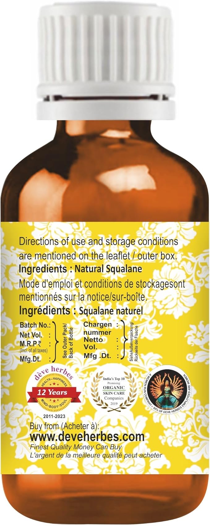dève herbes Natural Squalane Oil (derived from Olives) | Infused | Pure | Non-Sticky | Lightweight | for Facial Care | Men & Women | 30ml (1 oz)