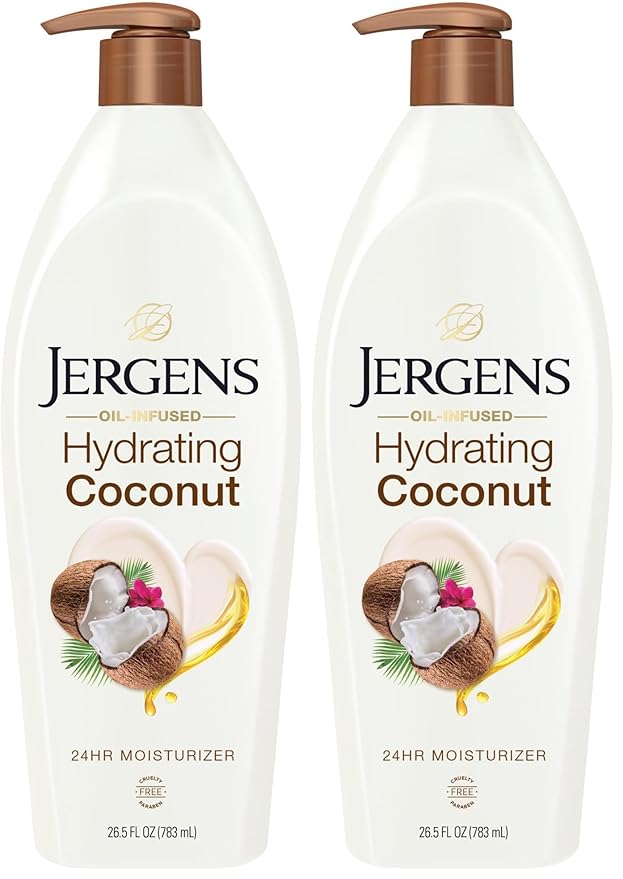 Jergens Hydrating Coconut Body Moisturizer, Infused with Coconut Oil, Dermatologist Tested, Hand and Body Lotion for Dry Skin, 26.5 Oz (Pack of 2)