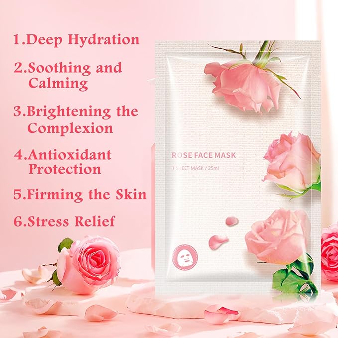 Hydrating Facial Masks Skincare for Women,Pink Rose Face Mask Sheet Skincare, Moisturizing Face Mask for All Skin Types (10-Packs)