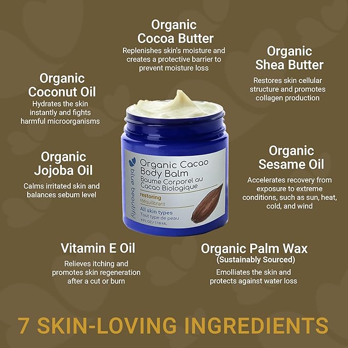 Blue Beautifly USDA Certified Organic Cacao Body Butter Balm - Soothes. Softens. Moisturizes. - Restores Dry, Chaffed, Cracked Skin - With Shea Butter, Cocoa Butter, and Vitamin E Oil - 4 fl oz