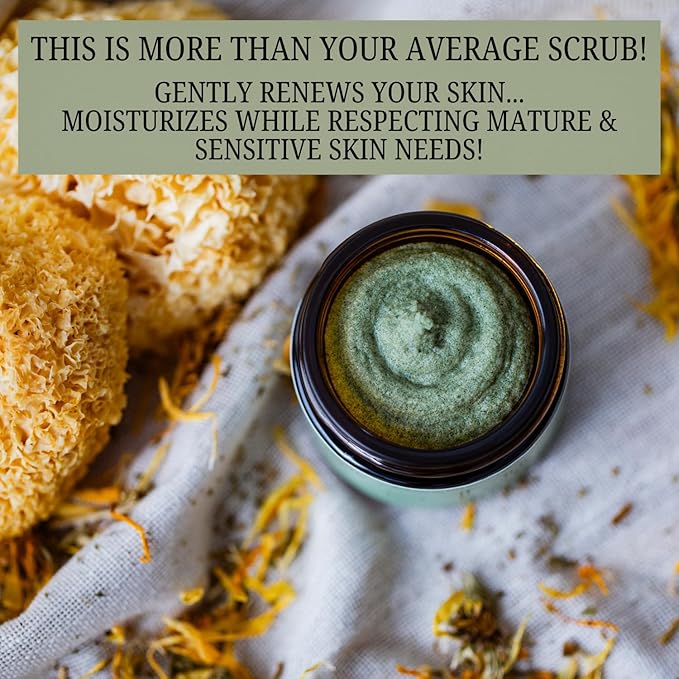 Emulsified Face Sugar Scrub, Organic squalane oil/Castor oil: Tremella Mushroom/Chamomile/Gotu Kola/Calendula/White Kaolin Clay, Manuka Honey-Gentle exfoliant-Dry/Sensitive/Mature skin (RENEW)