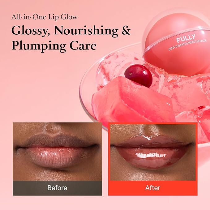 FULLY Red Tomato Jelly Lip Sleeping Mask, Korean Lip Balm for Dry, Chapped Lips, Tomato Seed Oil & Hyaluronic Acid, Overnight Hydration & Plump Glossy Finish, Non-Sticky Vegan Lip Treatment | 0.42 oz