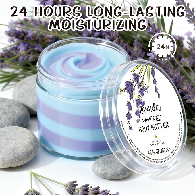 Lavender Whipped Body Butter, Shea Body Butter for Wome Dry Skin, Natural Lavendera Lotion for Body Moisturizer-Deep Moisturizing and Softening-6.8 floz(200ml)