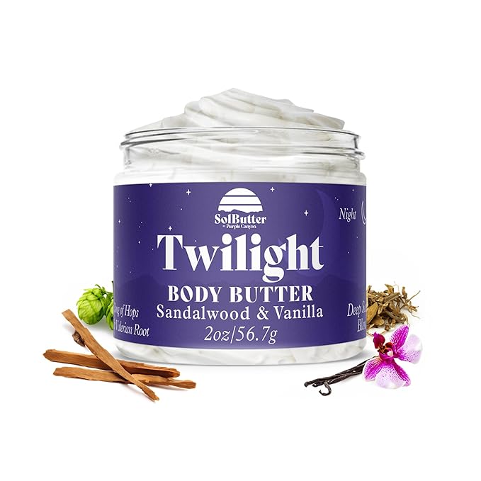 PURPLE CANYON SolButter 2 oz Twilight Night Cream | Hops and Valerian Root Body Butter | Vanilla Sandalwood Body Cream for Self Care