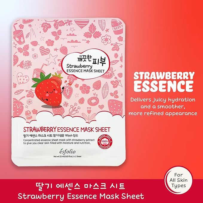 esfolio Strawberry Essence Mask – Hydrating Korean Sheet Mask with Strawberry Extract – Nourishing, Moisturizing, Skin Revitalizing Face Mask for Radiant, Smooth Skin (Pack of 10)