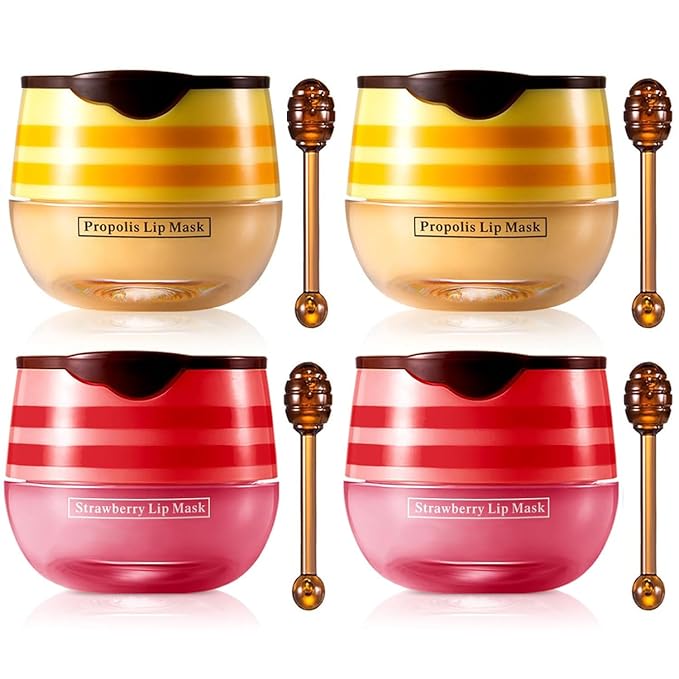 Strawberry & Honey Lip Balm, Vitamin E Lip Masks & Moisturizing/Hydrating Propolis Lip Sleeping Mask With Brush, Nourish And Repair Lip Skin Winter Lip Care Products (2Pcs Honey & 2Pcs Strawberry)